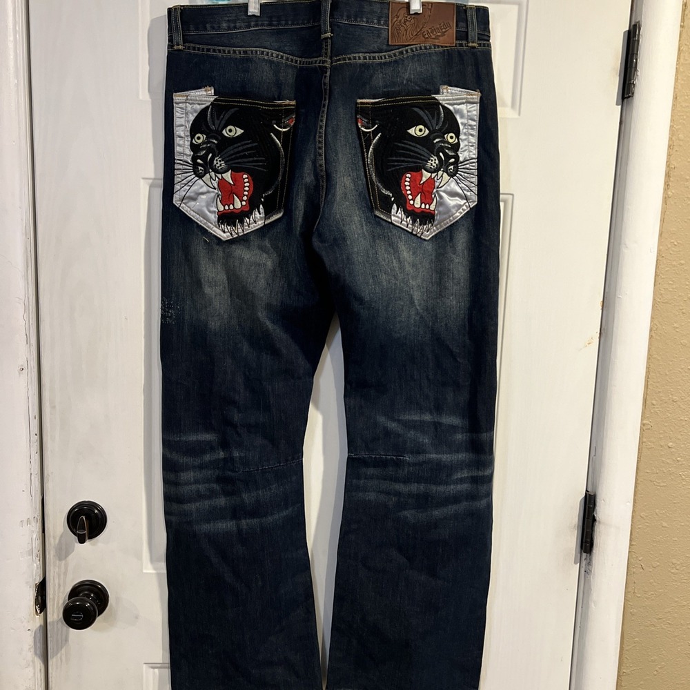 Vintage Ed Hardy Panther Embroidered Jeans Men's Size 38 X‎ 32- Button Fly